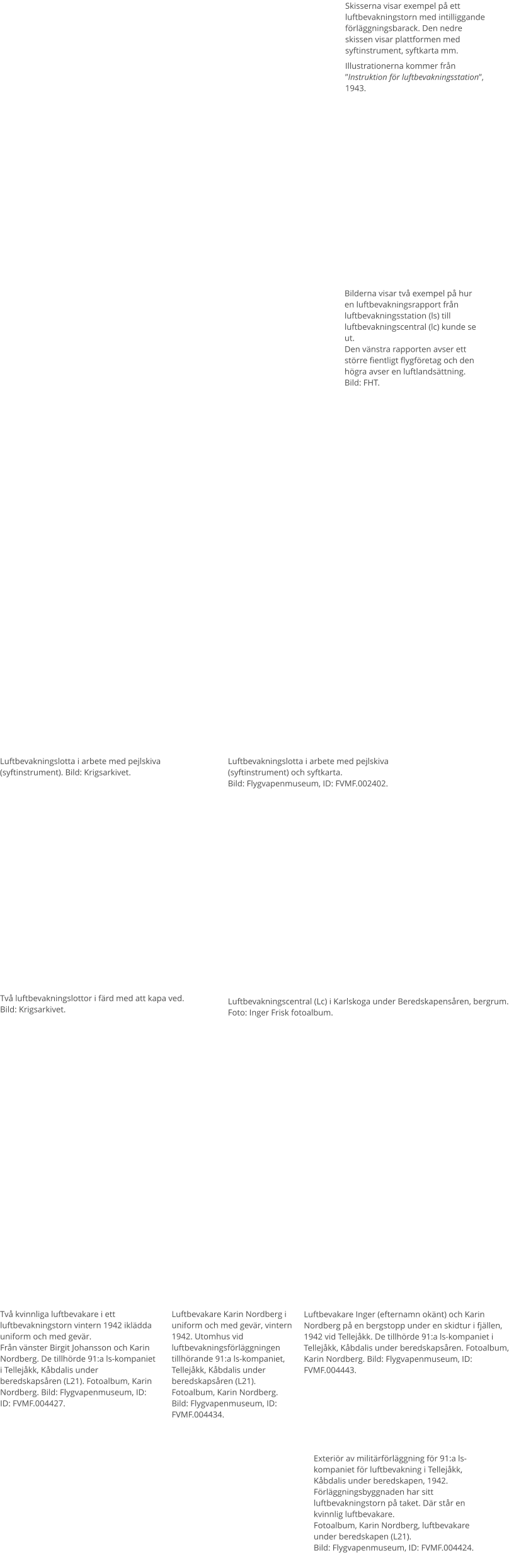 Skisserna visar exempel på ett luftbevakningstorn med intilliggande förläggningsbarack. Den nedre skissen visar plattformen med syftinstrument, syftkarta mm. Illustrationerna kommer från ”Instruktion för luftbevakningsstation”, 1943. Bilderna visar två exempel på hur en luftbevakningsrapport från luftbevakningsstation (ls) till luftbevakningscentral (lc) kunde se ut. Den vänstra rapporten avser ett större fientligt flygföretag och den högra avser en luftlandsättning. Bild: FHT. Två luftbevakningslottor i färd med att kapa ved.Bild: Krigsarkivet. Luftbevakningslotta i arbete med pejlskiva (syftinstrument). Bild: Krigsarkivet. Luftbevakningslotta i arbete med pejlskiva (syftinstrument) och syftkarta. Bild: Flygvapenmuseum, ID: FVMF.002402. Två kvinnliga luftbevakare i ett luftbevakningstorn vintern 1942 iklädda uniform och med gevär. Från vänster Birgit Johansson och Karin Nordberg. De tillhörde 91:a ls-kompaniet i Tellejåkk, Kåbdalis under beredskapsåren (L21). Fotoalbum, Karin Nordberg. Bild: Flygvapenmuseum, ID: ID: FVMF.004427. Luftbevakare Karin Nordberg i uniform och med gevär, vintern 1942. Utomhus vid luftbevakningsförläggningen tillhörande 91:a ls-kompaniet, Tellejåkk, Kåbdalis under beredskapsåren (L21). Fotoalbum, Karin Nordberg. Bild: Flygvapenmuseum, ID: FVMF.004434. Luftbevakare Inger (efternamn okänt) och Karin Nordberg på en bergstopp under en skidtur i fjällen, 1942 vid Tellejåkk. De tillhörde 91:a ls-kompaniet i Tellejåkk, Kåbdalis under beredskapsåren. Fotoalbum, Karin Nordberg. Bild: Flygvapenmuseum, ID: FVMF.004443. Luftbevakningscentral (Lc) i Karlskoga under Beredskapensåren, bergrum. Foto: Inger Frisk fotoalbum. Exteriör av militärförläggning för 91:a ls-kompaniet för luftbevakning i Tellejåkk, Kåbdalis under beredskapen, 1942. Förläggningsbyggnaden har sitt luftbevakningstorn på taket. Där står en kvinnlig luftbevakare. Fotoalbum, Karin Nordberg, luftbevakare under beredskapen (L21). Bild: Flygvapenmuseum, ID: FVMF.004424.