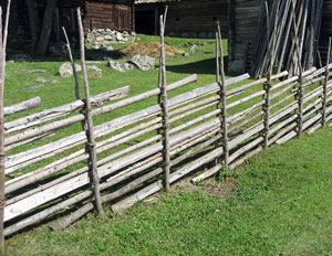 Gärdsgård, round pole fence, Sweden