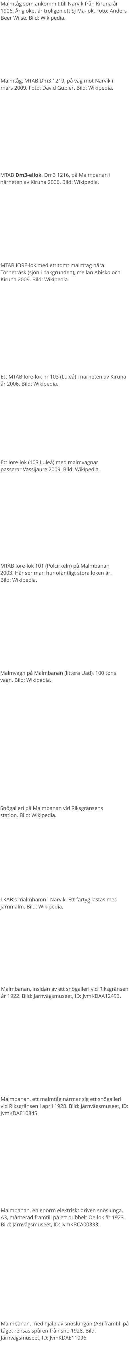 MTAB IORE-lok med ett tomt malmtåg nära Torneträsk (sjön i bakgrunden), mellan Abisko och Kiruna 2009. Bild: Wikipedia. MTAB Dm3-ellok, Dm3 1216, på Malmbanan i närheten av Kiruna 2006. Bild: Wikipedia. MTAB Iore-lok 101 (Polcirkeln) på Malmbanan 2003. Här ser man hur ofantligt stora loken är. Bild: Wikipedia. Malmvagn på Malmbanan (littera Uad), 100 tons vagn. Bild: Wikipedia. Snögalleri på Malmbanan vid Riksgränsens station. Bild: Wikipedia. LKAB:s malmhamn i Narvik. Ett fartyg lastas med järnmalm. Bild: Wikipedia. Malmtåg som ankommit till Narvik från Kiruna år 1906. Ångloket är troligen ett SJ Ma-lok. Foto: Anders Beer Wilse. Bild: Wikipedia. Malmtåg, MTAB Dm3 1219, på väg mot Narvik i mars 2009. Foto: David Gubler. Bild: Wikipedia.  Ett Iore-lok (103 Luleå) med malmvagnar passerar Vassijaure 2009. Bild: Wikipedia. Ett MTAB Iore-lok nr 103 (Luleå) i närheten av Kiruna år 2006. Bild: Wikipedia. Malmbanan, insidan av ett snögalleri vid Riksgränsen år 1922. Bild: Järnvägsmuseet, ID: JvmKDAA12493.  Malmbanan, ett malmtåg närmar sig ett snögalleri vid Riksgränsen i april 1928. Bild: Järnvägsmuseet, ID: JvmKDAE10845.  Malmbanan, en enorm elektriskt driven snöslunga, A3, månterad framtill på ett dubbelt Oe-lok år 1923. Bild: Järnvägsmuseet, ID: JvmKBCA00333.  Malmbanan, med hjälp av snöslungan (A3) framtill på tåget rensas spåren från snö 1928. Bild: Järnvägsmuseet, ID: JvmKDAE11096.