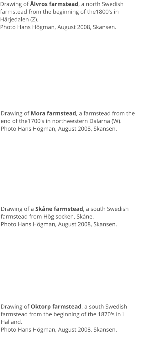 Drawing of Älvros farmstead, a north Swedish farmstead from the beginning of the1800's in Härjedalen (Z).Photo Hans Högman, August 2008, Skansen. Drawing of Mora farmstead, a farmstead from the end of the1700's in northwestern Dalarna (W).Photo Hans Högman, August 2008, Skansen. Drawing of a Skåne farmstead, a south Swedish farmstead from Hög socken, Skåne.Photo Hans Högman, August 2008, Skansen. Drawing of Oktorp farmstead, a south Swedish farmstead from the beginning of the 1870's in i Halland.Photo Hans Högman, August 2008, Skansen.