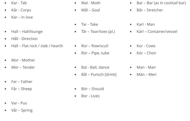 •	Kar - Tab •	Kår - Corps •	Kär – In love  •	Hall – Hall/lounge •	Håll - Direction •	Häll – Flat rock / slab / hearth  •	Mor - Mother •	Mör – Tender  •	Far – Father •	Får – Sheep  •	Var - Pus •	Vår – Spring •	Mal - Moth •	Mål – Goal  •	Tar - Take •	Tår – Tear/toes (pl.)  •	Ror – Row/scull •	Rör – Pipe, tube  •	Bal - Ball, dance •	Bål – Punsch [drink]  •	Bör – Should •	Bor - Lives  •	Bar – Bar (as in cocktail bar) •	Bår – Stretcher  •	Karl - Man •	Kärl – Container/vessel  •	Kor - Cows •	Kör – Choir  •	Man - Man •	Män – Men