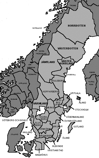 Svenska län, karta - Swedish counties, map - English (UTF-8)