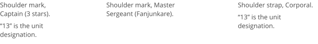 Shoulder mark, Captain (3 stars). “13” is the unit designation. Shoulder strap, Corporal. “13” is the unit designation. Shoulder mark, Master Sergeant (Fanjunkare).