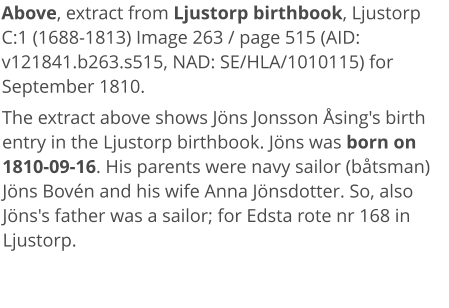 Above, extract from Ljustorp birthbook, Ljustorp C:1 (1688-1813) Image 263 / page 515 (AID: v121841.b263.s515, NAD: SE/HLA/1010115) for September 1810. The extract above shows Jöns Jonsson Åsing's birth entry in the Ljustorp birthbook. Jöns was born on 1810-09-16. His parents were navy sailor (båtsman) Jöns Bovén and his wife Anna Jönsdotter. So, also Jöns's father was a sailor; for Edsta rote nr 168 in Ljustorp.