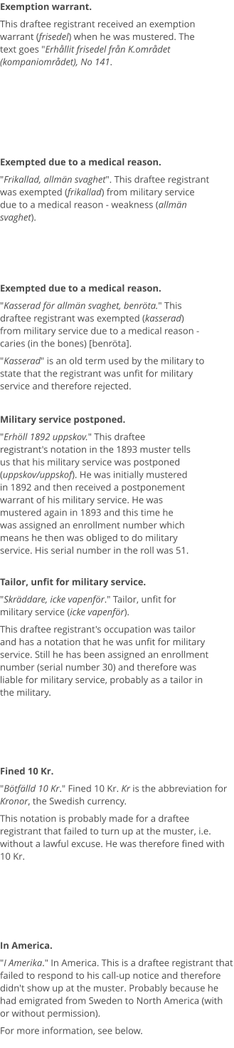 Exemption warrant. This draftee registrant received an exemption warrant (frisedel) when he was mustered. The text goes "Erhållit frisedel från K.området (kompaniområdet), No 141. Exempted due to a medical reason. "Kasserad för allmän svaghet, benröta." This draftee registrant was exempted (kasserad) from military service due to a medical reason - caries (in the bones) [benröta]. "Kasserad" is an old term used by the military to state that the registrant was unfit for military service and therefore rejected. Exempted due to a medical reason. "Frikallad, allmän svaghet". This draftee registrant was exempted (frikallad) from military service due to a medical reason - weakness (allmän svaghet). Military service postponed. "Erhöll 1892 uppskov." This draftee registrant's notation in the 1893 muster tells us that his military service was postponed (uppskov/uppskof). He was initially mustered in 1892 and then received a postponement warrant of his military service. He was mustered again in 1893 and this time he was assigned an enrollment number which means he then was obliged to do military service. His serial number in the roll was 51. Tailor, unfit for military service. "Skräddare, icke vapenför." Tailor, unfit for military service (icke vapenför). This draftee registrant's occupation was tailor and has a notation that he was unfit for military service. Still he has been assigned an enrollment number (serial number 30) and therefore was liable for military service, probably as a tailor in the military.     Fined 10 Kr. "Bötfälld 10 Kr." Fined 10 Kr. Kr is the abbreviation for Kronor, the Swedish currency. This notation is probably made for a draftee registrant that failed to turn up at the muster, i.e. without a lawful excuse. He was therefore fined with 10 Kr. In America. "I Amerika." In America. This is a draftee registrant that failed to respond to his call-up notice and therefore didn't show up at the muster. Probably because he had emigrated from Sweden to North America (with or without permission).  For more information, see below.