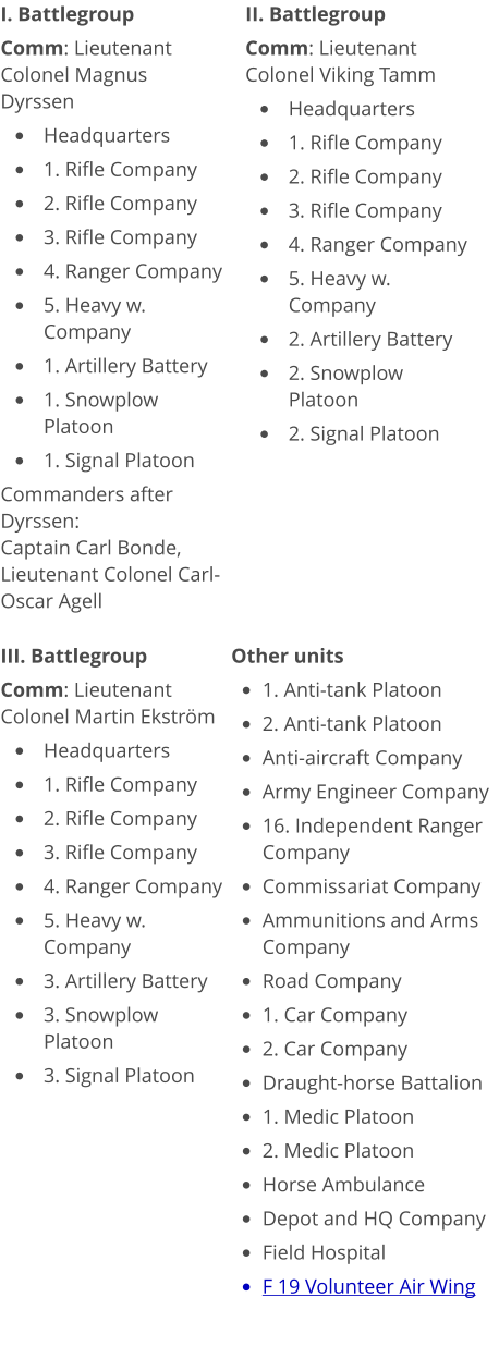 I. Battlegroup Comm: Lieutenant Colonel Magnus Dyrssen •	Headquarters •	1. Rifle Company •	2. Rifle Company •	3. Rifle Company •	4. Ranger Company •	5. Heavy w. Company •	1. Artillery Battery •	1. Snowplow Platoon •	1. Signal Platoon Commanders after Dyrssen: Captain Carl Bonde, Lieutenant Colonel Carl-Oscar Agell  II. Battlegroup Comm: Lieutenant Colonel Viking Tamm •	Headquarters •	1. Rifle Company •	2. Rifle Company •	3. Rifle Company •	4. Ranger Company •	5. Heavy w. Company •	2. Artillery Battery •	2. Snowplow Platoon •	2. Signal Platoon  III. Battlegroup Comm: Lieutenant Colonel Martin Ekström •	Headquarters •	1. Rifle Company •	2. Rifle Company •	3. Rifle Company •	4. Ranger Company •	5. Heavy w. Company •	3. Artillery Battery •	3. Snowplow Platoon •	3. Signal Platoon  Other units •	1. Anti-tank Platoon  •	2. Anti-tank Platoon •	Anti-aircraft Company  •	Army Engineer Company •	16. Independent Ranger Company •	Commissariat Company •	Ammunitions and Arms Company •	Road Company •	1. Car Company •	2. Car Company •	Draught-horse Battalion •	1. Medic Platoon •	2. Medic Platoon •	Horse Ambulance •	Depot and HQ Company •	Field Hospital •	F 19 Volunteer Air Wing