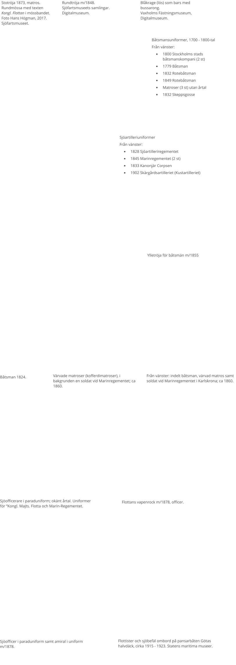 Båtsmansuniformer, 1700 - 1800-tal Från vänster: •	1800 Stockholms stads båtsmanskompani (2 st) •	1779 Båtsman •	1832 Rotebåtsman •	1849 Rotebåtsman •	Matroser (3 st) utan årtal •	1832 Skeppsgosse Sjöartilleriuniformer Från vänster: •	1828 Sjöartilleriregementet •	1845 Marinregementet (2 st) •	1833 Kanonjär Corpsen •	1902 Skärgårdsartilleriet (Kustartilleriet)  Båtsman 1824. Värvade matroser (kofferdimatroser), i bakgrunden en soldat vid Marinregementet; ca 1860. Sjöofficerare i paraduniform; okänt årtal. Uniformer för ”Kongl. Majts. Flotta och Marin-Regementet. Ylletröja för båtsmän m/1855 Från vänster: indelt båtsman, värvad matros samt soldat vid Marinregementet i Karlskrona; ca 1860. Flottans vapenrock m/1878, officer. Sjöofficer i paraduniform samt amiral i uniform m/1878. Flottister och sjöbefäl ombord på pansarbåten Götas halvdäck, cirka 1915 - 1923. Statens maritima museer. Stotröja 1873, matros. Rundmössa med texten Kongl. Flottan i mössbandet. Foto Hans Högman, 2017. Sjöfartsmuseet. Rundtröja m/1848.Sjöfartsmuseets samlingar. Digitalmuseum. Blåkrage (lös) som bars med bussarong.Vaxholms Fästningsmuseum, Digitalmuseum.